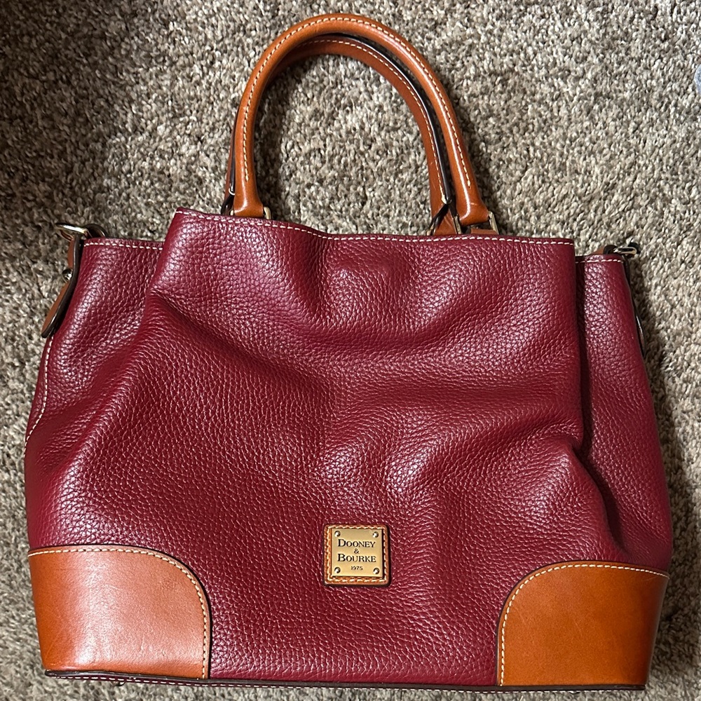 Dooney & Bourke Burgundy Pebble Leather Tote with Cognac Trim